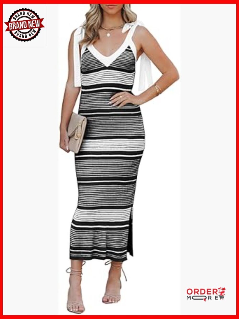 V Neck Tie Shoulder Sleeveless Midi Bodycon Sweater Dress with Side Slit